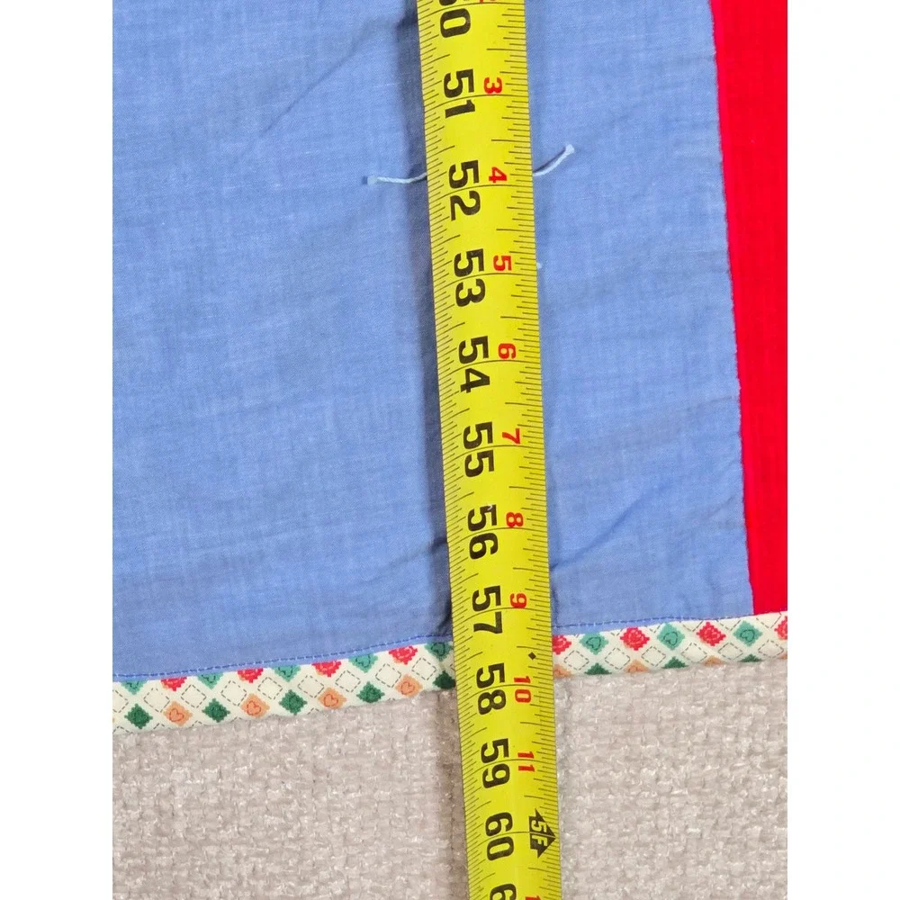 Vintage Hand Tied Denim Quilt Throw Multi Texture Patchwork Red Corduroy 41.5x58